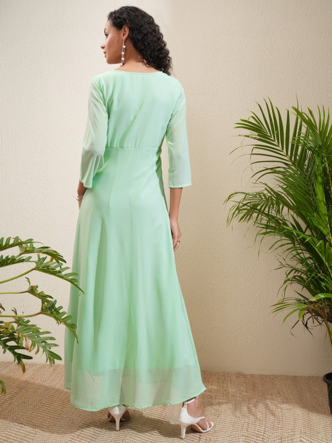 Vishudh Women Sea Green Solid A-Line Dress - Sea Green - Image 3