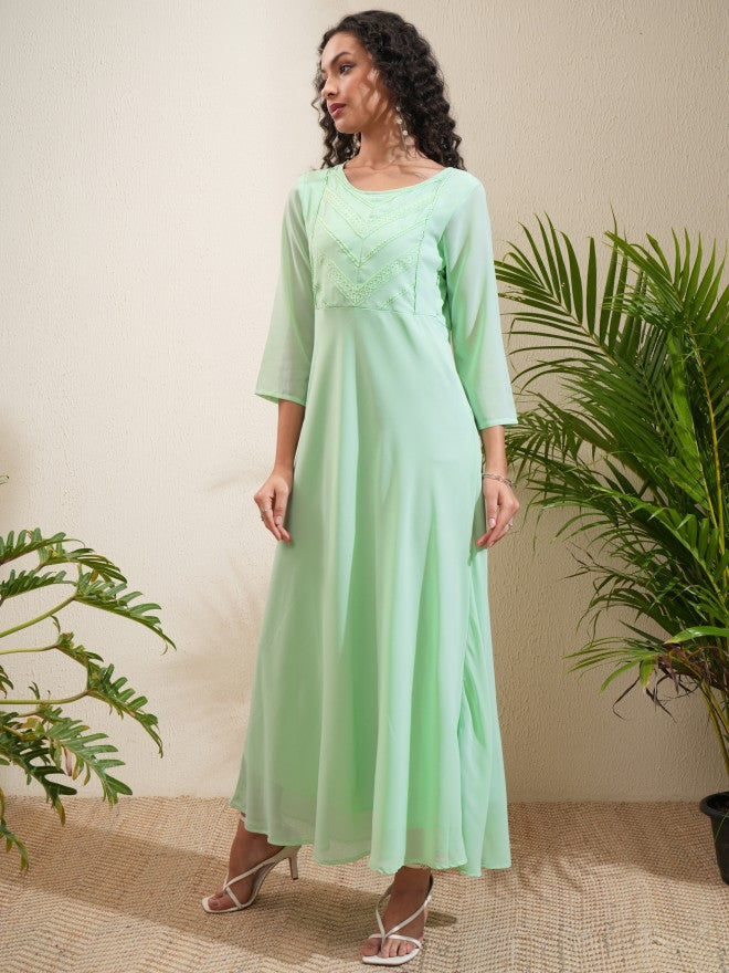 Vishudh Women Sea Green Solid A-Line Dress - Sea Green - Image 4