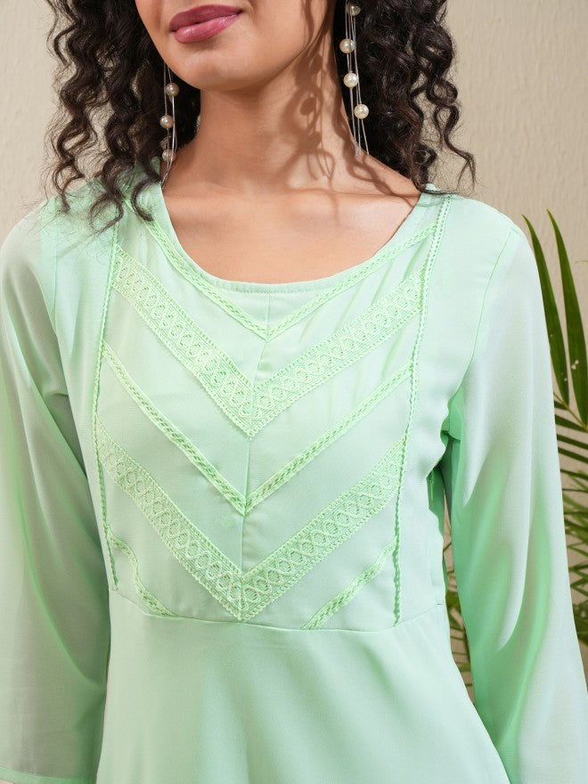 Vishudh Women Sea Green Solid A-Line Dress - Sea Green - Image 5