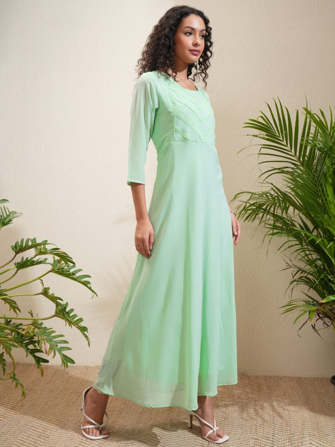 Vishudh Women Sea Green Solid A-Line Dress - Sea Green - Image 6