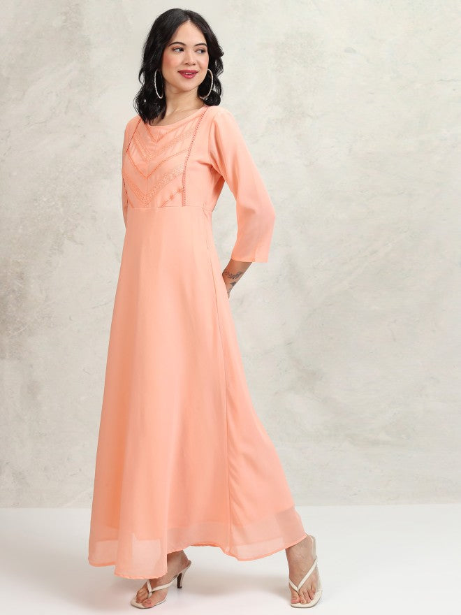 Tokyo Talkies Women Peach Self Design Maxi Dress - Peach - Image 4