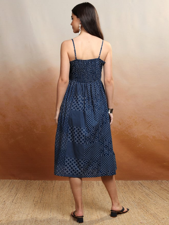 Vishudh Women Navy Blue Printed Fit and Flare Dress - Navy Blue - Image 3