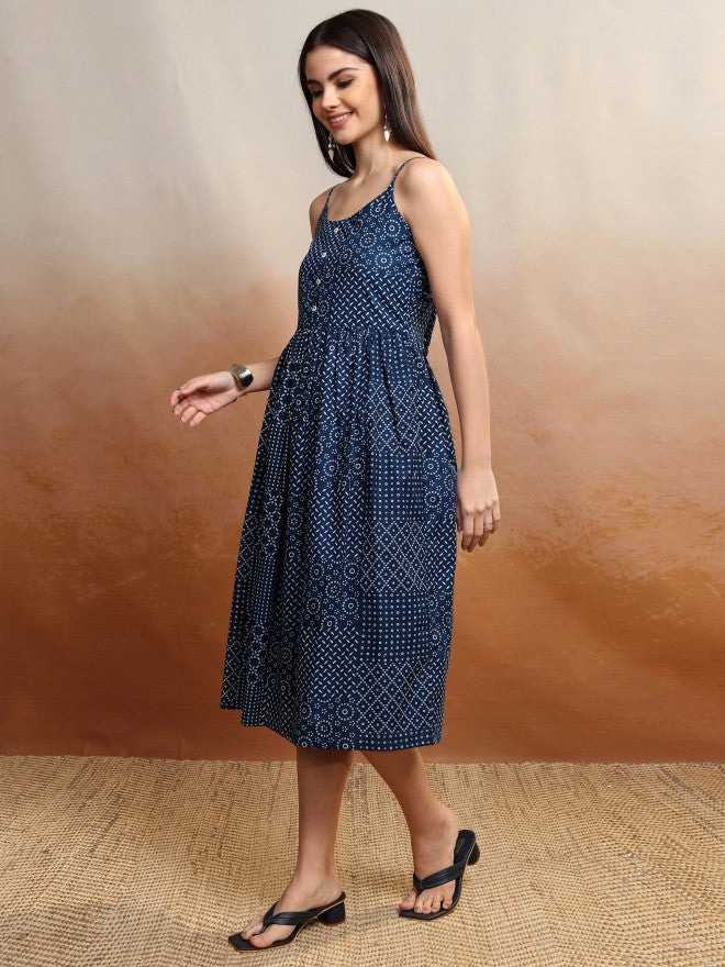 Vishudh Women Navy Blue Printed Fit and Flare Dress - Navy Blue - Image 4