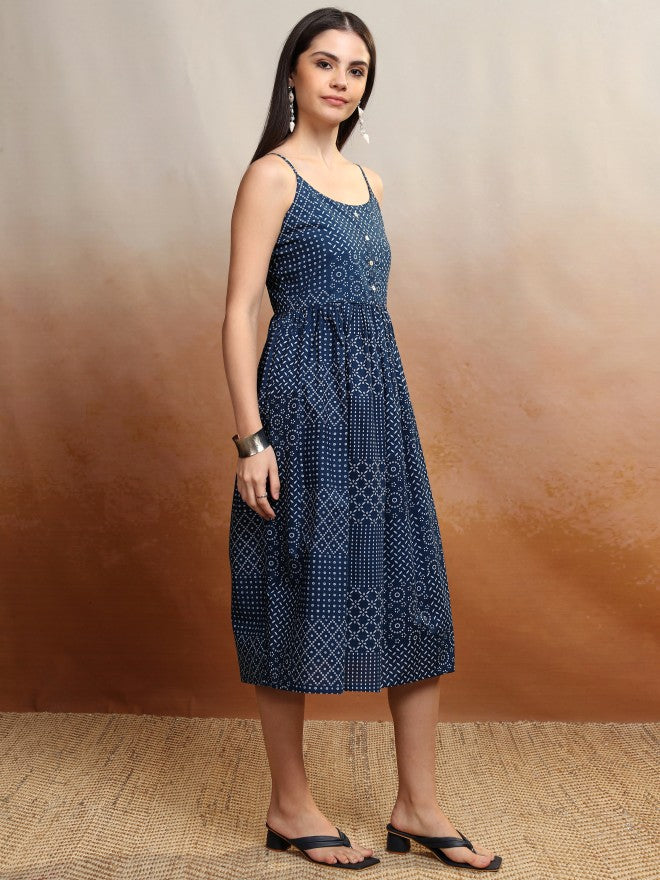Vishudh Women Navy Blue Printed Fit and Flare Dress - Navy Blue - Image 6