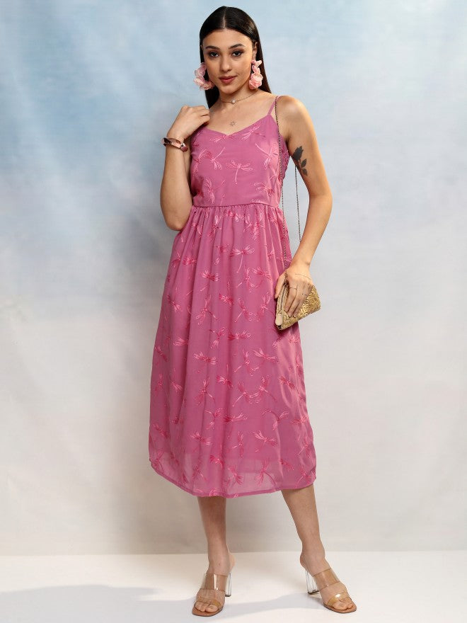 Vishudh Women Lavender Embroidered A-Line Dress - Lavender - Image 1