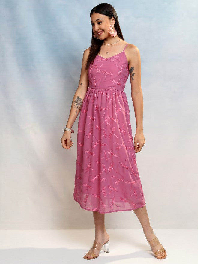 Vishudh Women Lavender Embroidered A-Line Dress - Lavender - Image 4