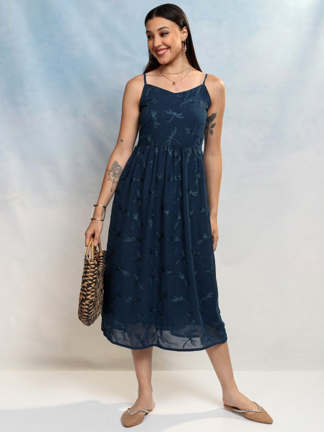 Vishudh Women Blue Embroidered A-Line Dress - Blue - Image 1