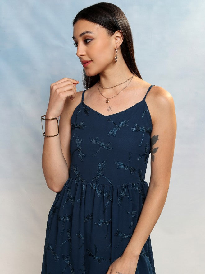 Vishudh Women Blue Embroidered A-Line Dress - Blue - Image 2