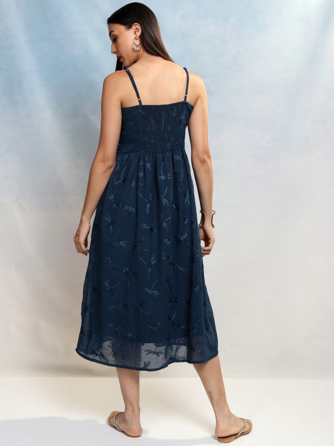 Vishudh Women Blue Embroidered A-Line Dress - Blue - Image 3