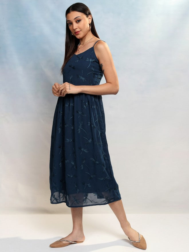 Vishudh Women Blue Embroidered A-Line Dress - Blue - Image 4