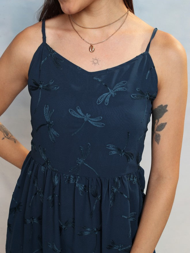 Vishudh Women Blue Embroidered A-Line Dress - Blue - Image 5