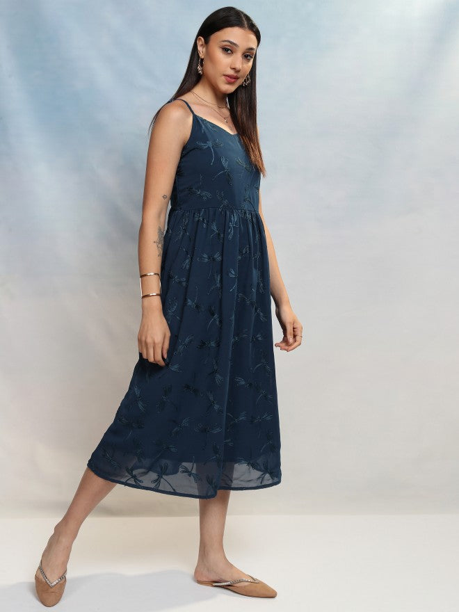 Vishudh Women Blue Embroidered A-Line Dress - Blue - Image 6