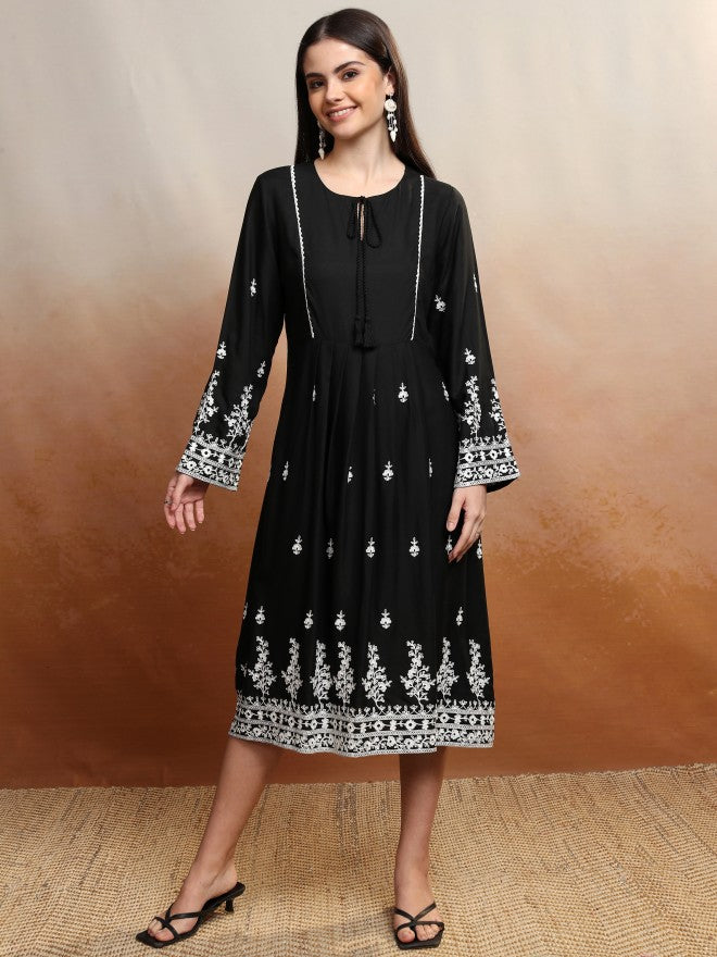 Vishudh Women Black Embroidered A-Line Dress - Black - Image 1
