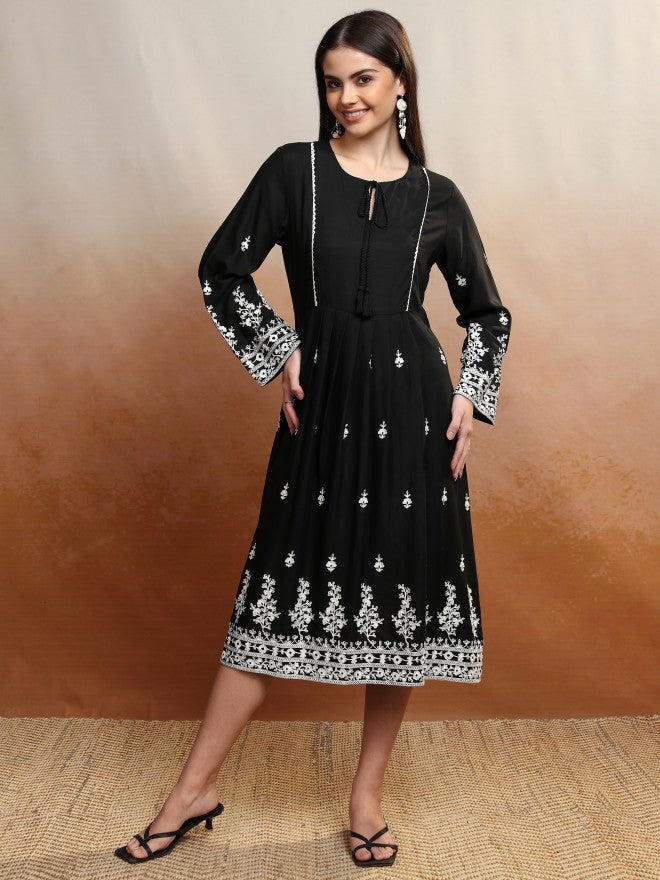 Vishudh Women Black Embroidered A-Line Dress - Black - Image 2