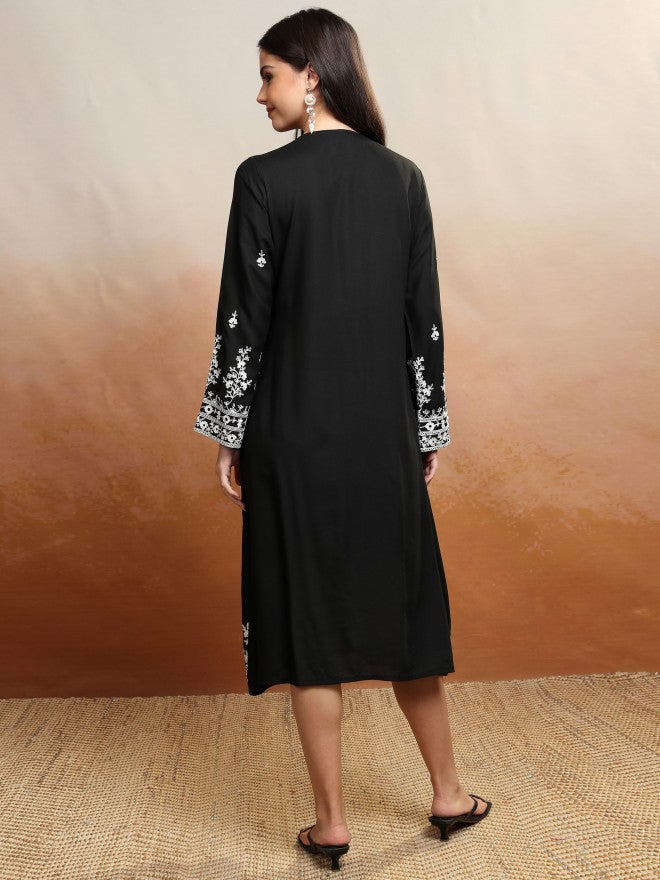 Vishudh Women Black Embroidered A-Line Dress - Black - Image 3