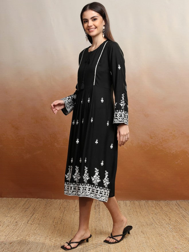 Vishudh Women Black Embroidered A-Line Dress - Black - Image 4