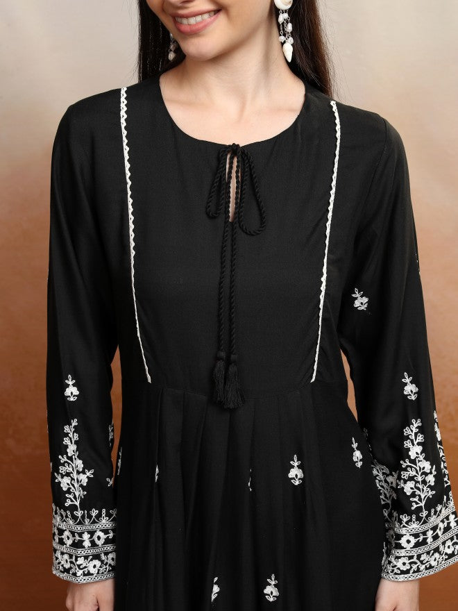 Vishudh Women Black Embroidered A-Line Dress - Black - Image 5
