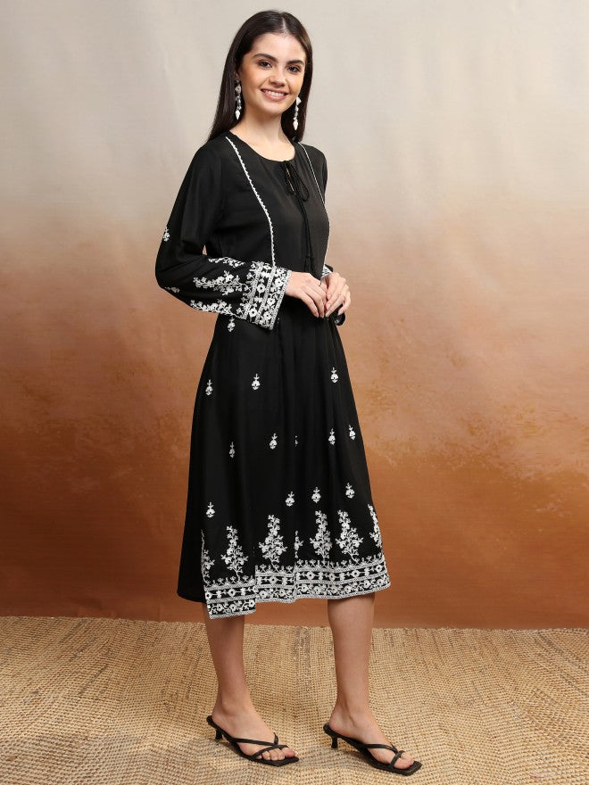 Vishudh Women Black Embroidered A-Line Dress - Black - Image 6