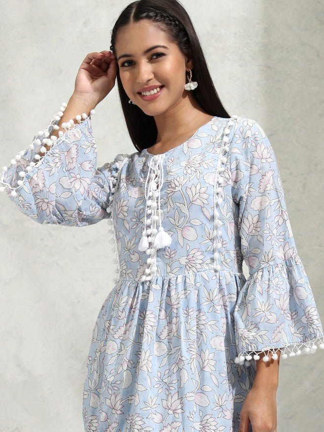 Vishudh Women Blue Printed A-Line Dress - Blue - Image 1