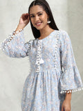 Vishudh Women Blue Printed A-Line Dress - Blue - Image 1