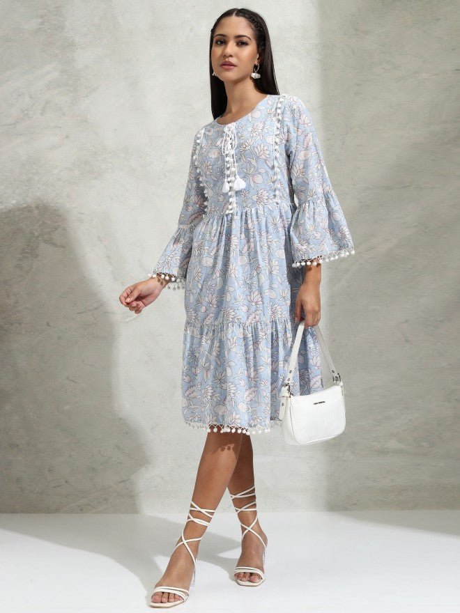 Vishudh Women Blue Printed A-Line Dress - Blue - Image 2