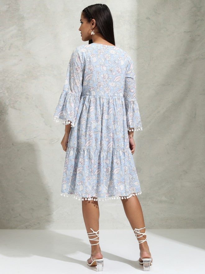 Vishudh Women Blue Printed A-Line Dress - Blue - Image 3