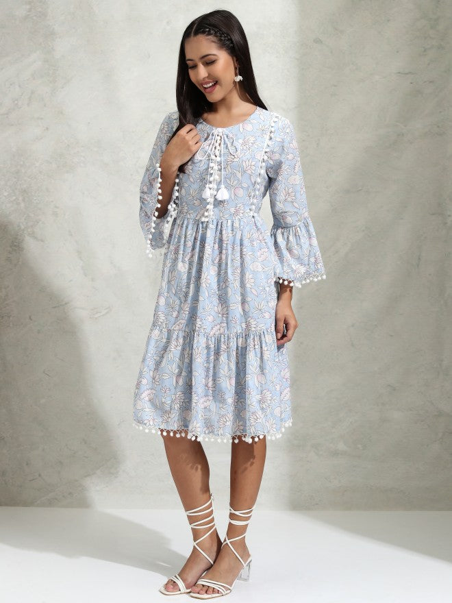 Vishudh Women Blue Printed A-Line Dress - Blue - Image 4