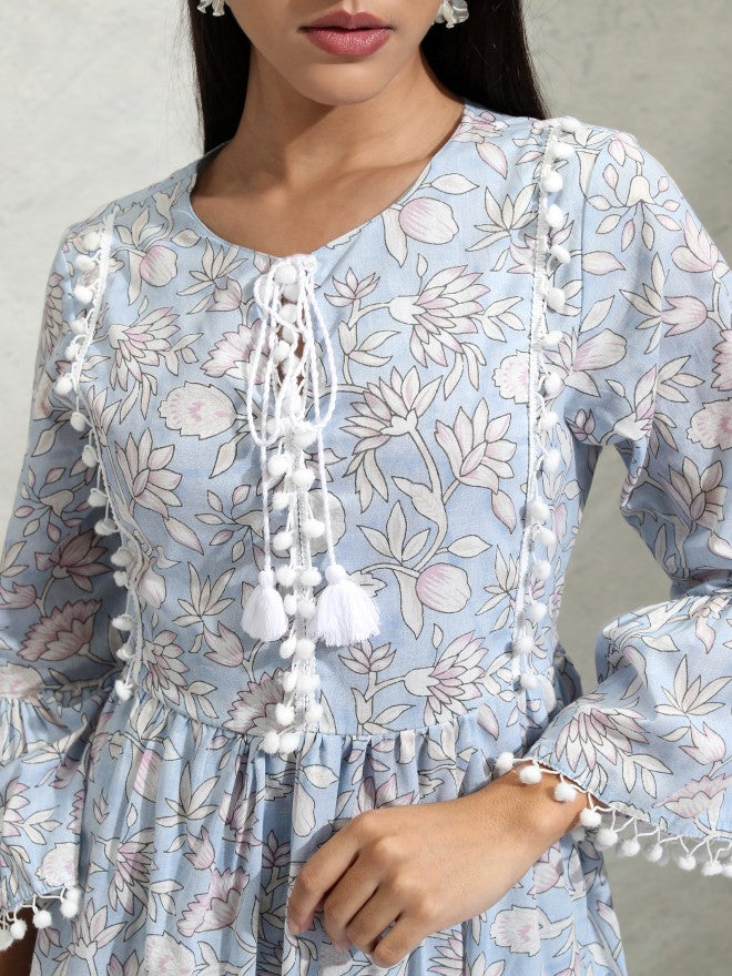 Vishudh Women Blue Printed A-Line Dress - Blue - Image 5