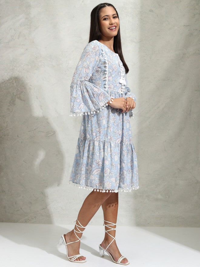 Vishudh Women Blue Printed A-Line Dress - Blue - Image 6