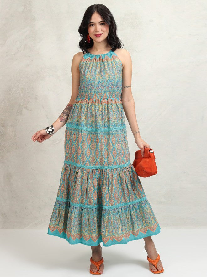 Tokyo Talkies Women Blue Printed Maxi Dress - Blue - Image 1