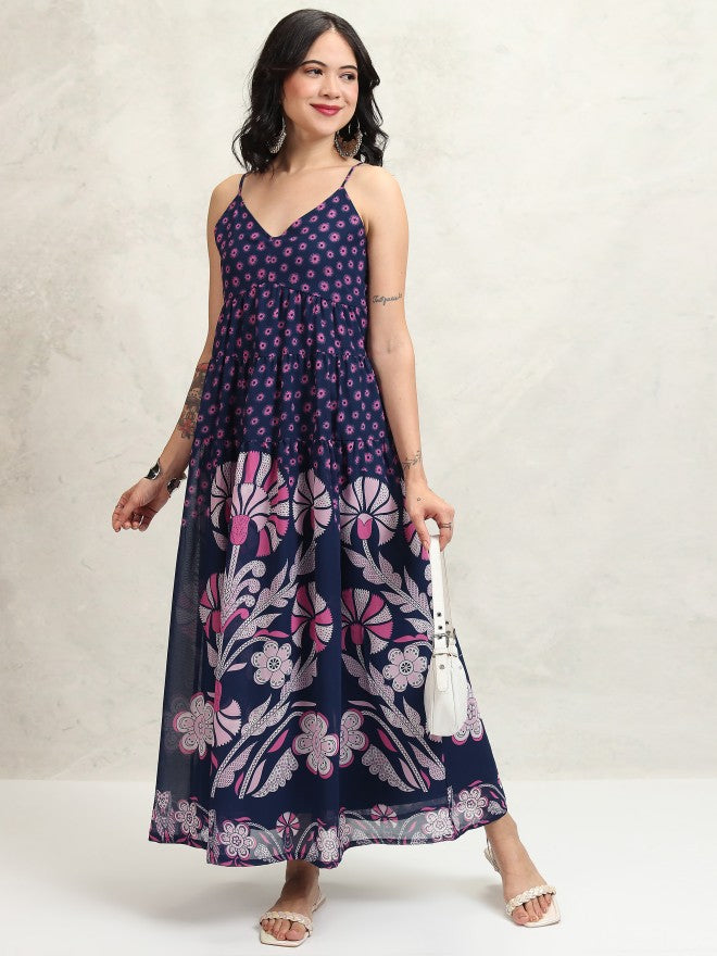 Tokyo Talkies Women Navy Blue Printed Maxi Dress - Navy Blue - Image 1