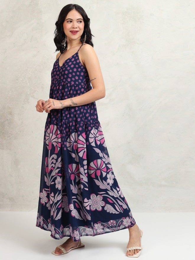 Tokyo Talkies Women Navy Blue Printed Maxi Dress - Navy Blue - Image 4