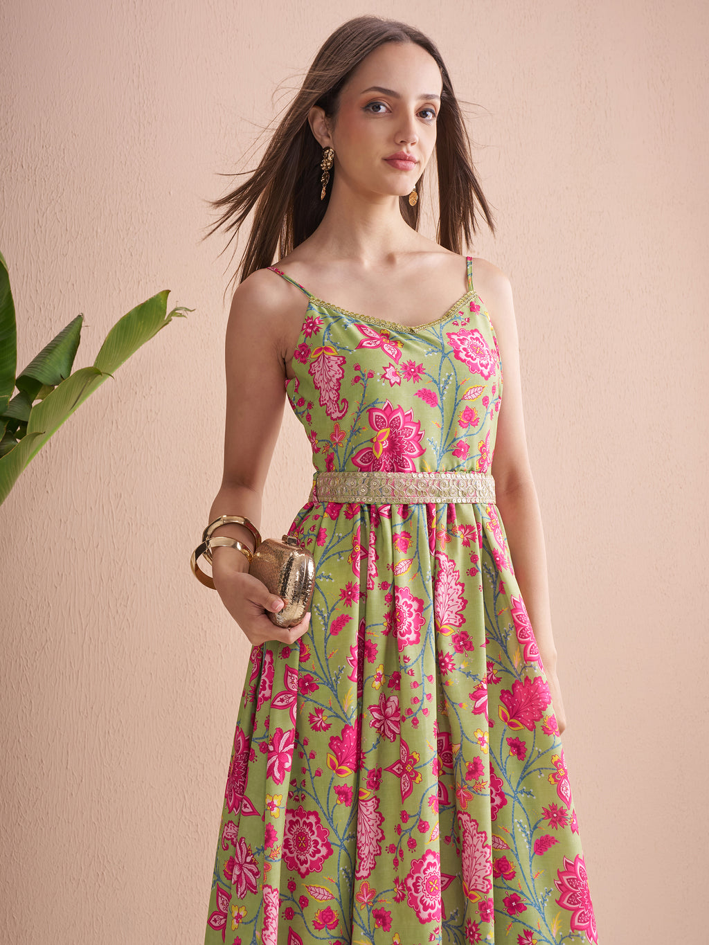 Vishudh Women Green Printed Fit and Flare Dress - Green - Image 1