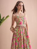 Vishudh Women Green Printed Fit and Flare Dress - Green - Image 1