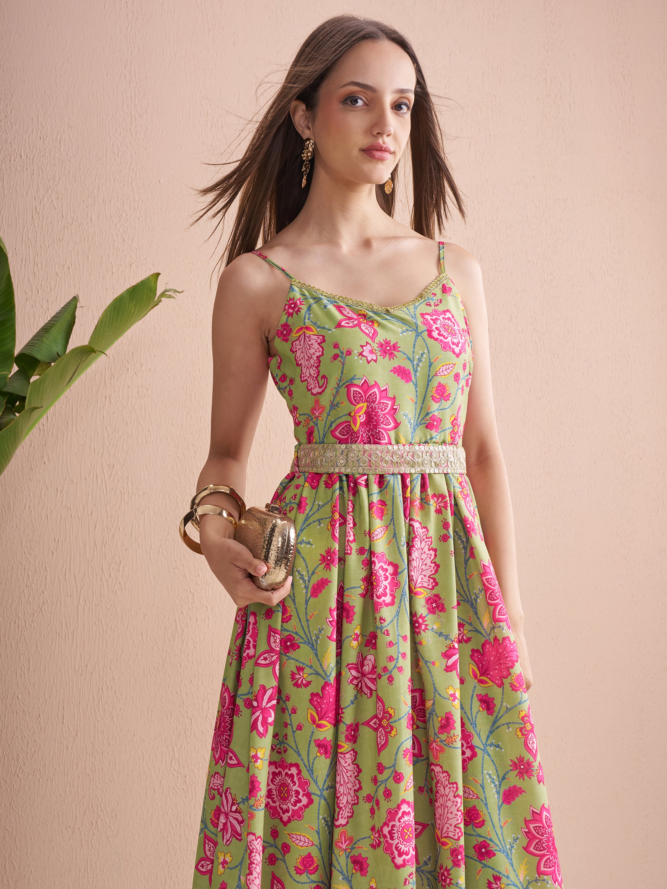Vishudh Women Green Printed Fit and Flare Dress - Green - Image 1