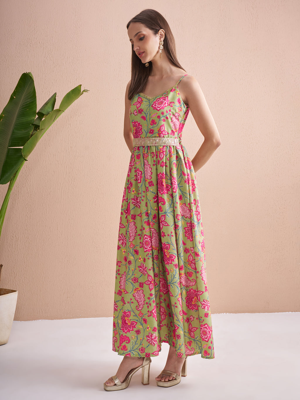 Vishudh Women Green Printed Fit and Flare Dress - Green - Image 4