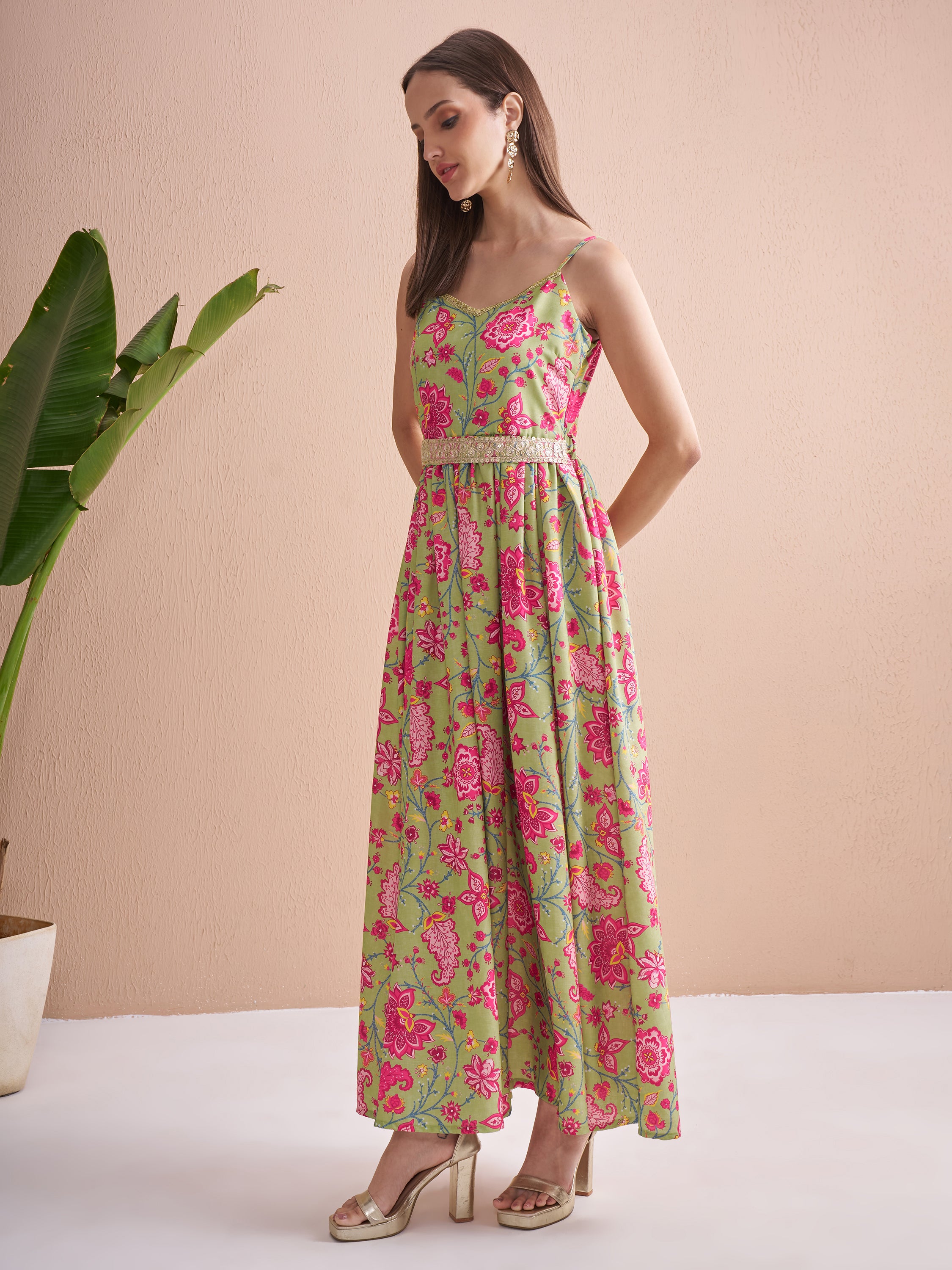 Vishudh Women Green Printed Fit and Flare Dress - Green - Image 4