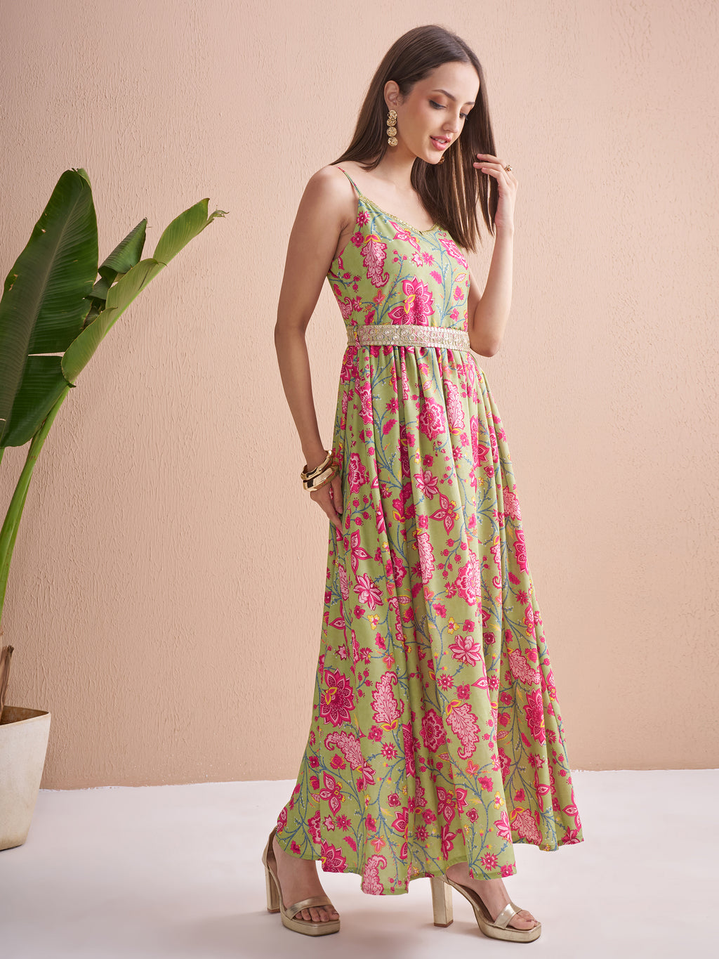 Vishudh Women Green Printed Fit and Flare Dress - Green - Image 6