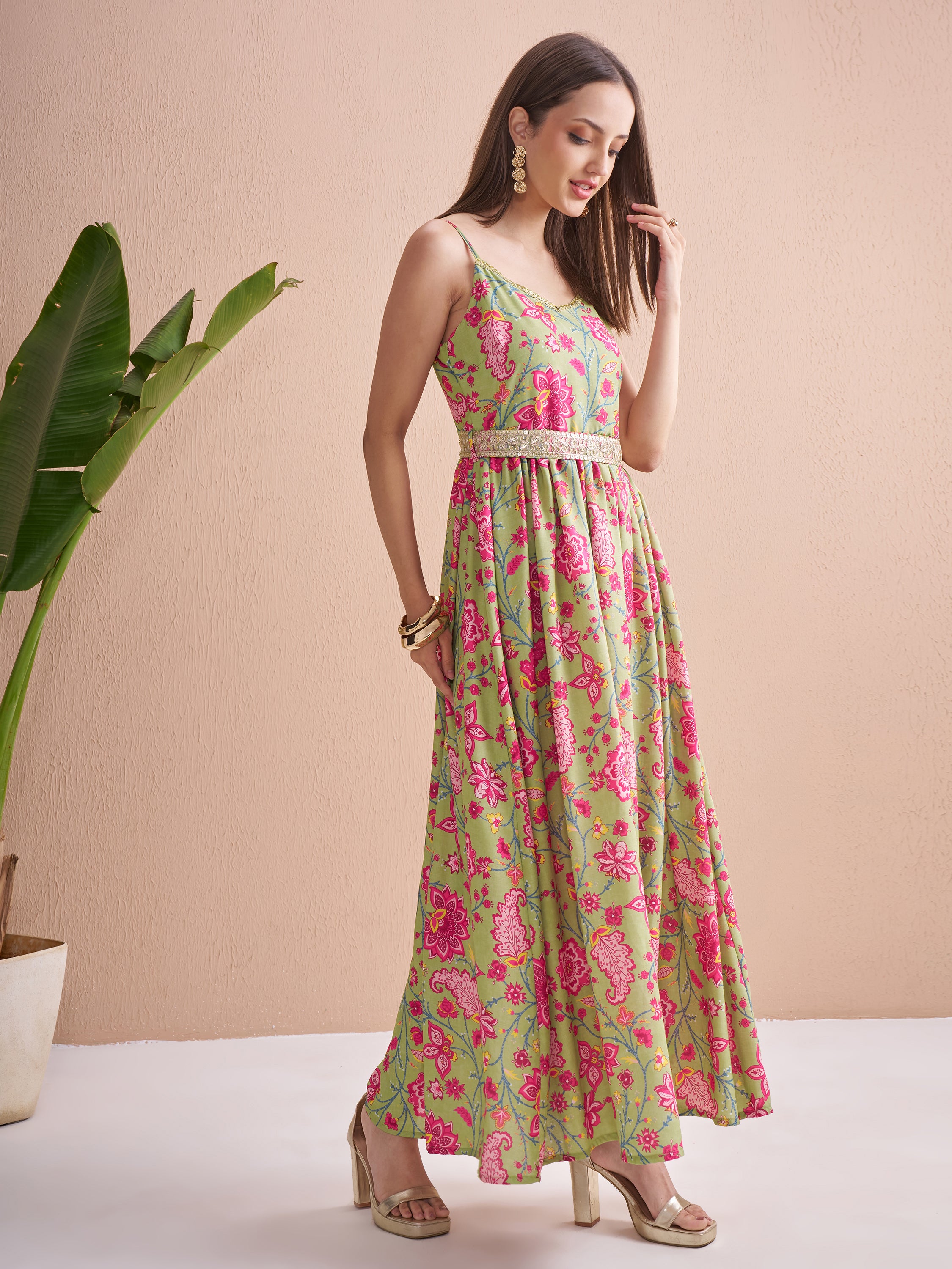 Vishudh Women Green Printed Fit and Flare Dress - Green - Image 6