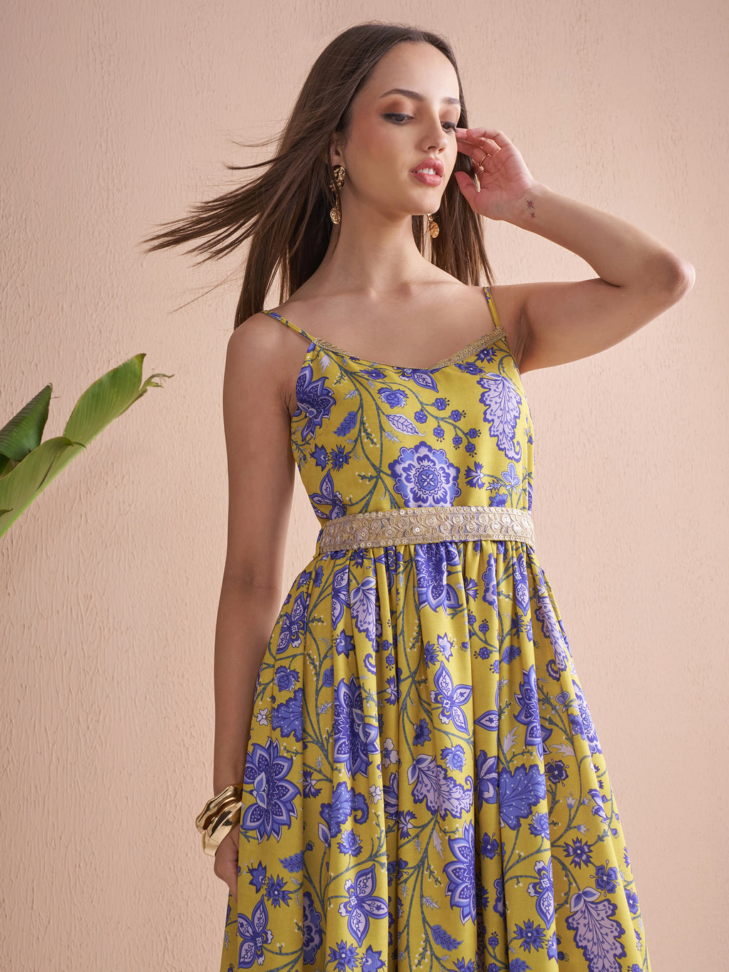 Vishudh Women Mustard Printed Fit and Flare Dress - Mustard - Image 1