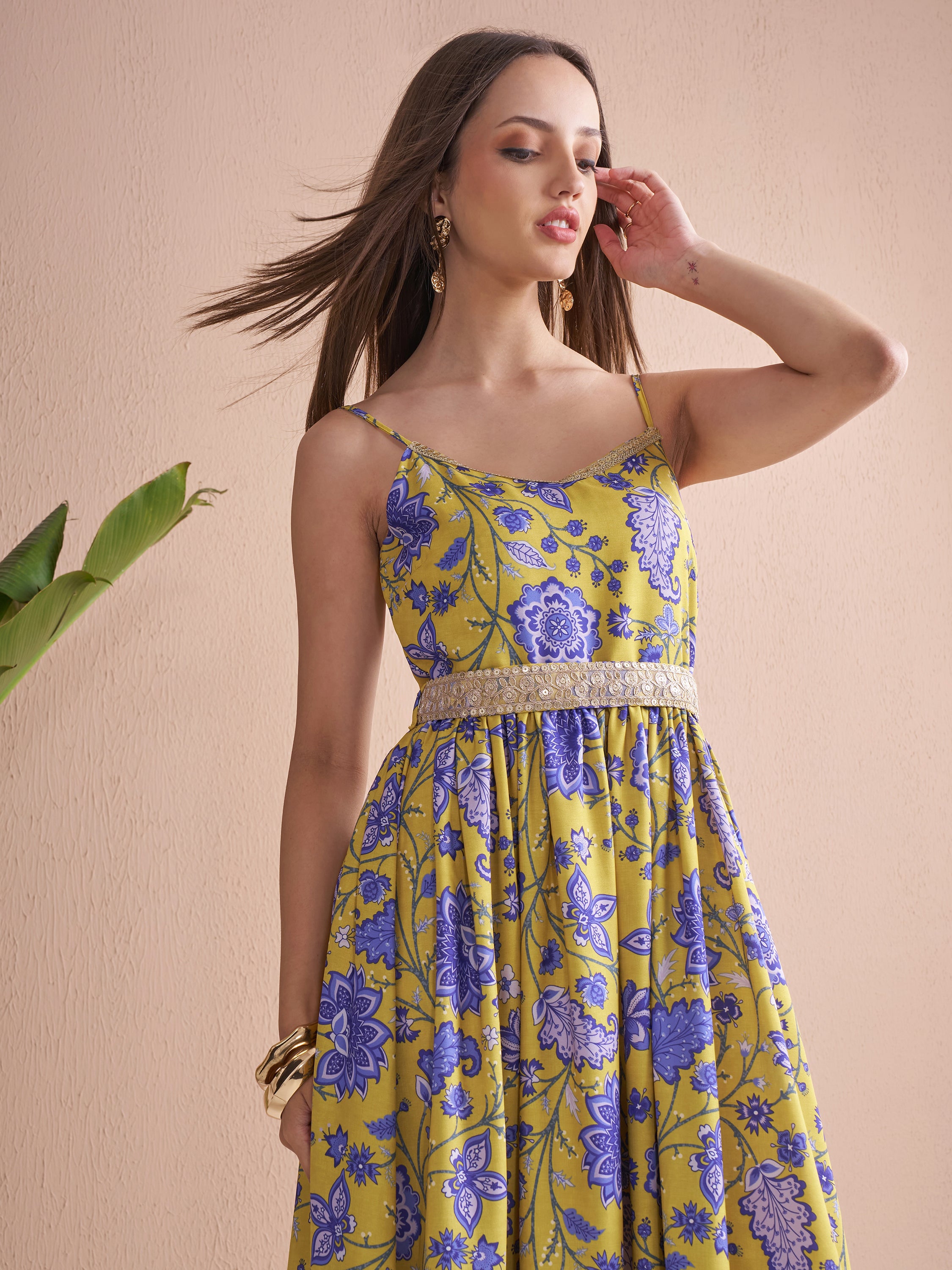 Vishudh Women Mustard Printed Fit and Flare Dress - Mustard - Image 1