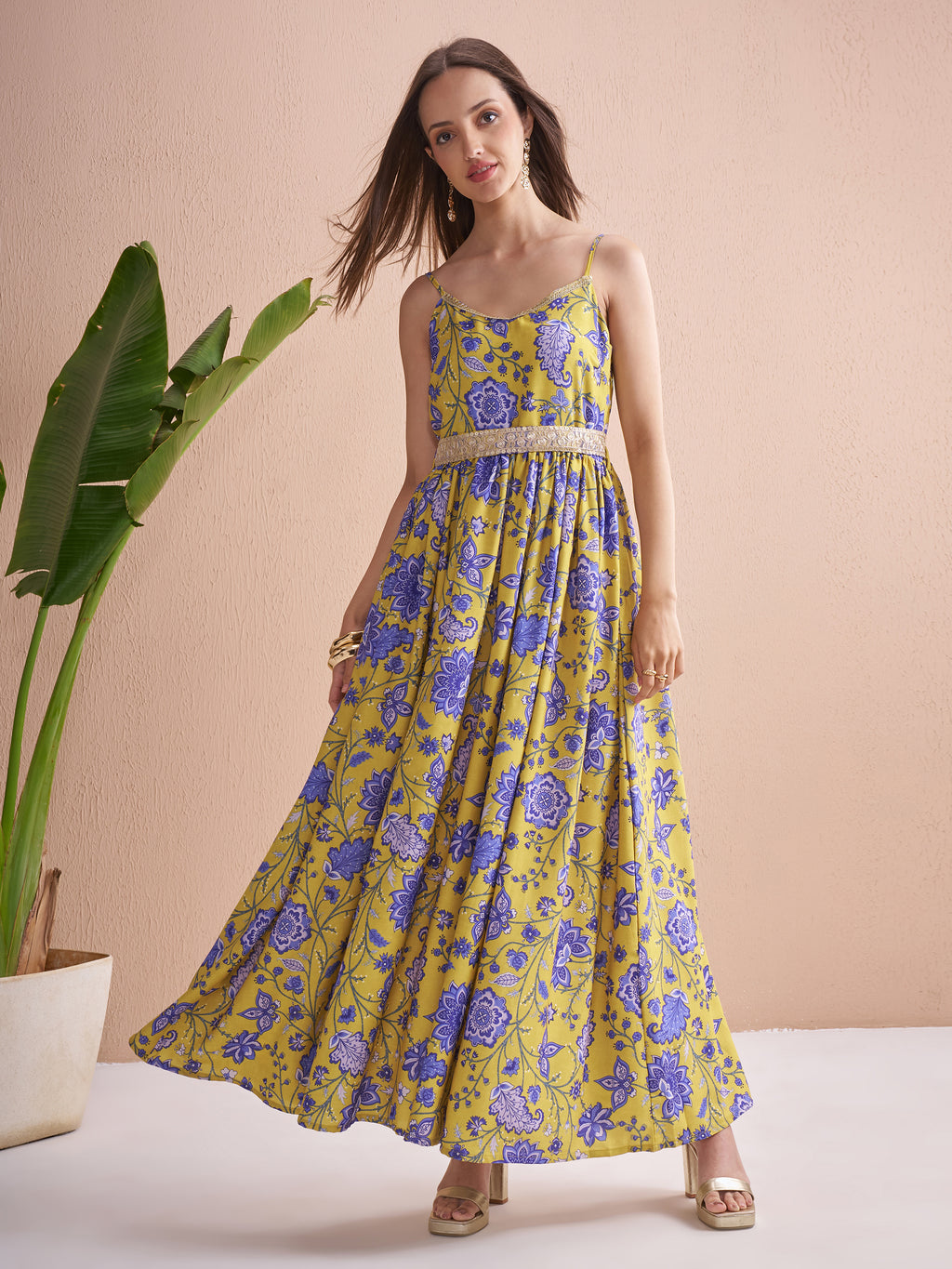 Vishudh Women Mustard Printed Fit and Flare Dress - Mustard - Image 2