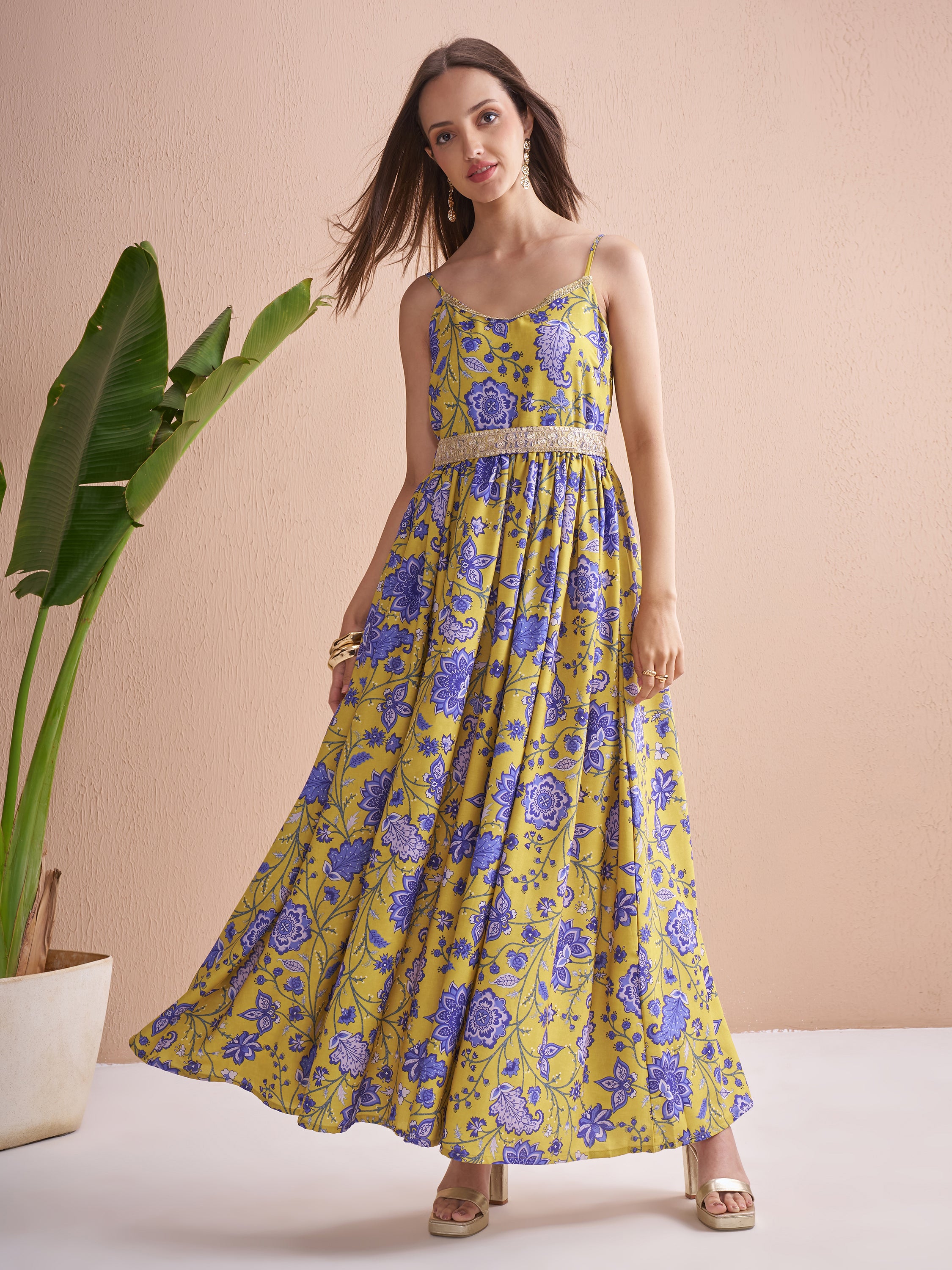 Vishudh Women Mustard Printed Fit and Flare Dress - Mustard - Image 2