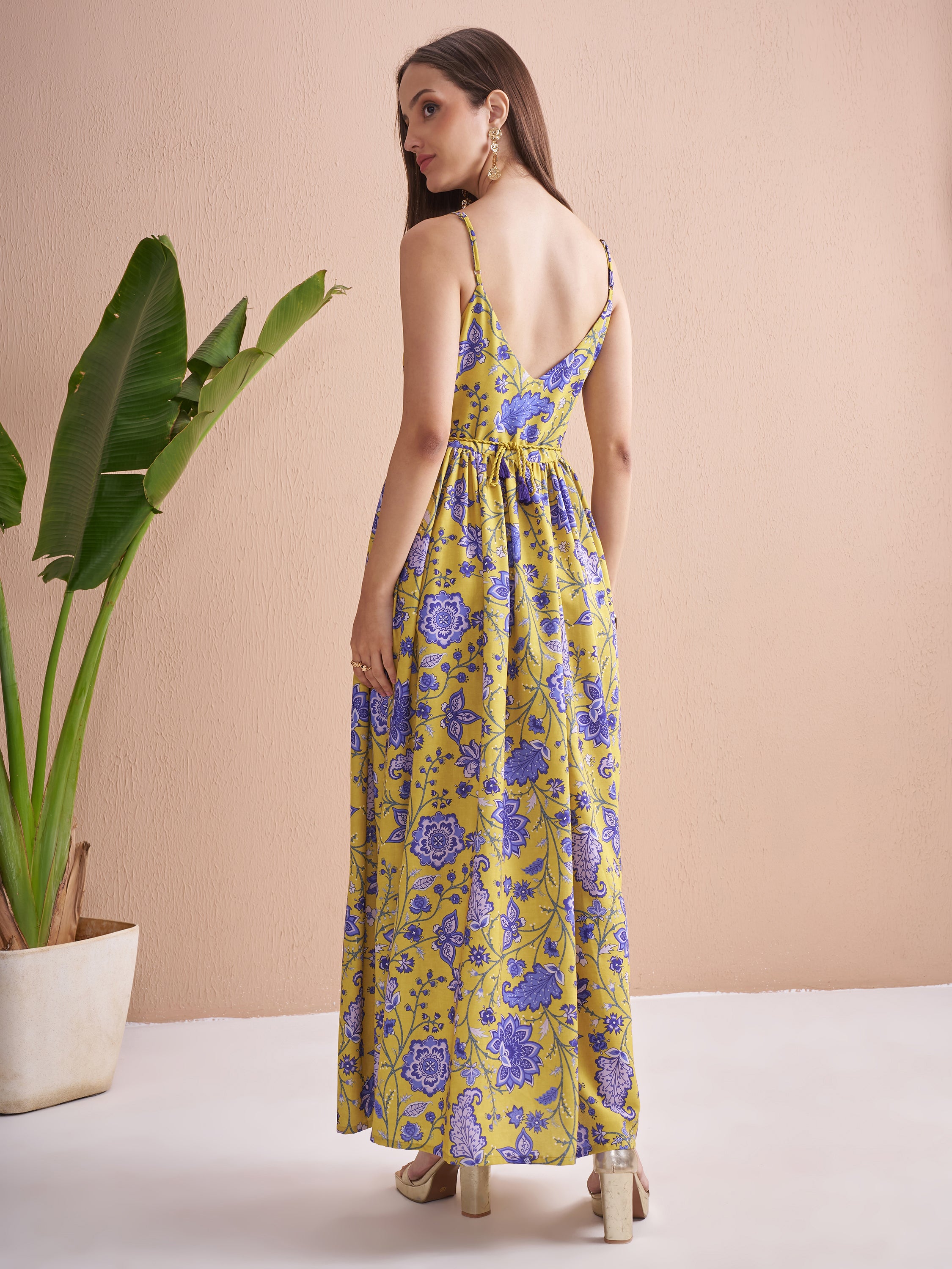 Vishudh Women Mustard Printed Fit and Flare Dress - Mustard - Image 3