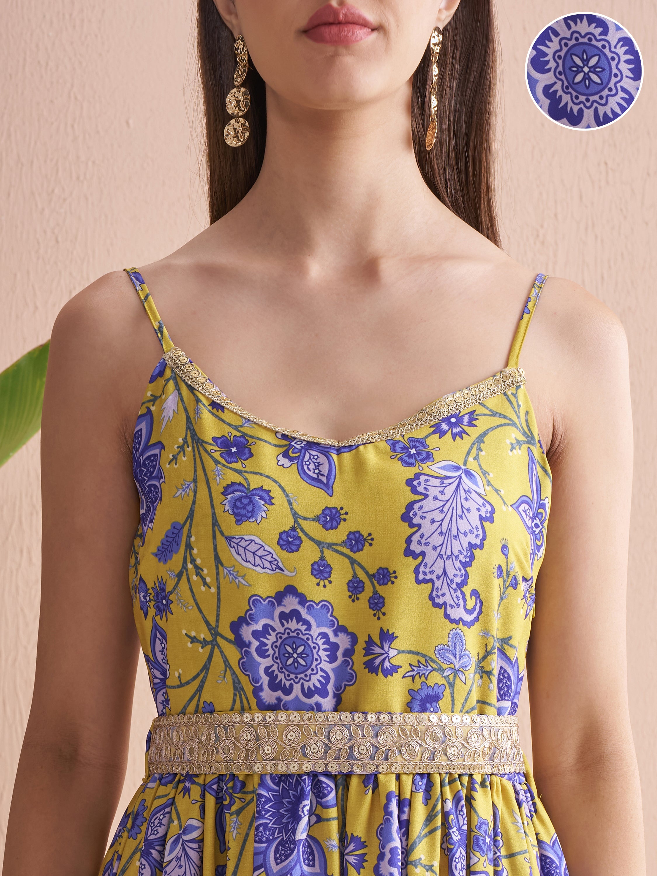 Vishudh Women Mustard Printed Fit and Flare Dress - Mustard - Image 5
