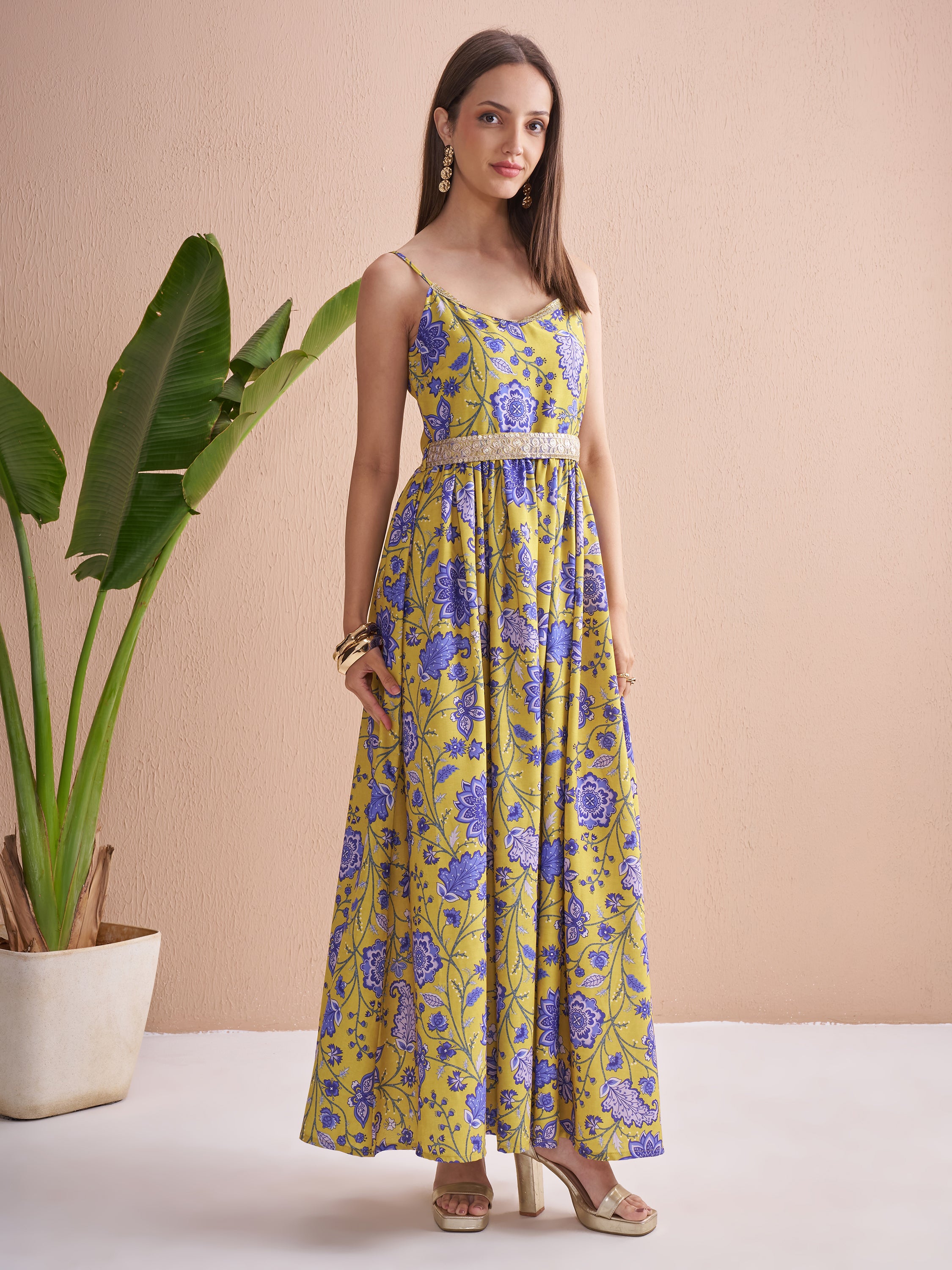 Vishudh Women Mustard Printed Fit and Flare Dress - Mustard - Image 6