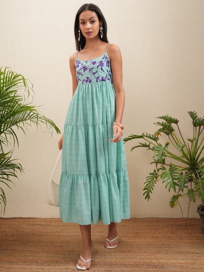 Vishudh Women Green Embroidered Fit and Flare Dress - Green - Image 2