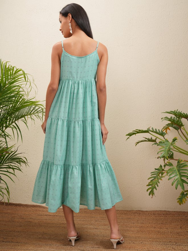 Vishudh Women Green Embroidered Fit and Flare Dress - Green - Image 3