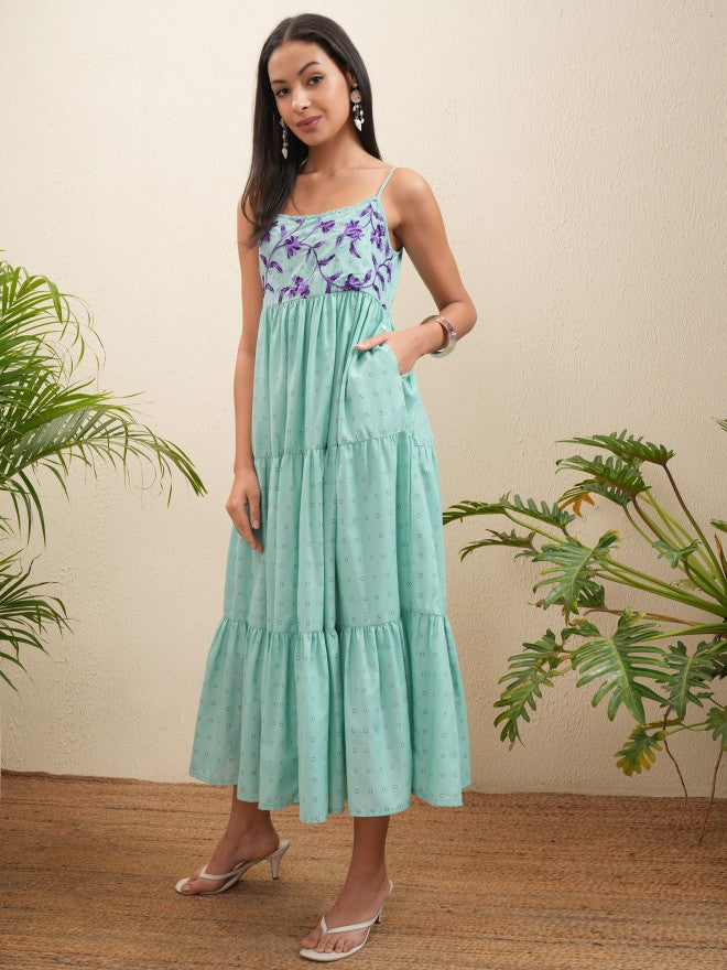 Vishudh Women Green Embroidered Fit and Flare Dress - Green - Image 4