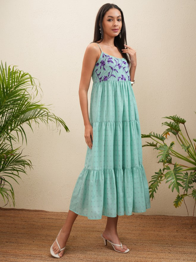 Vishudh Women Green Embroidered Fit and Flare Dress - Green - Image 6
